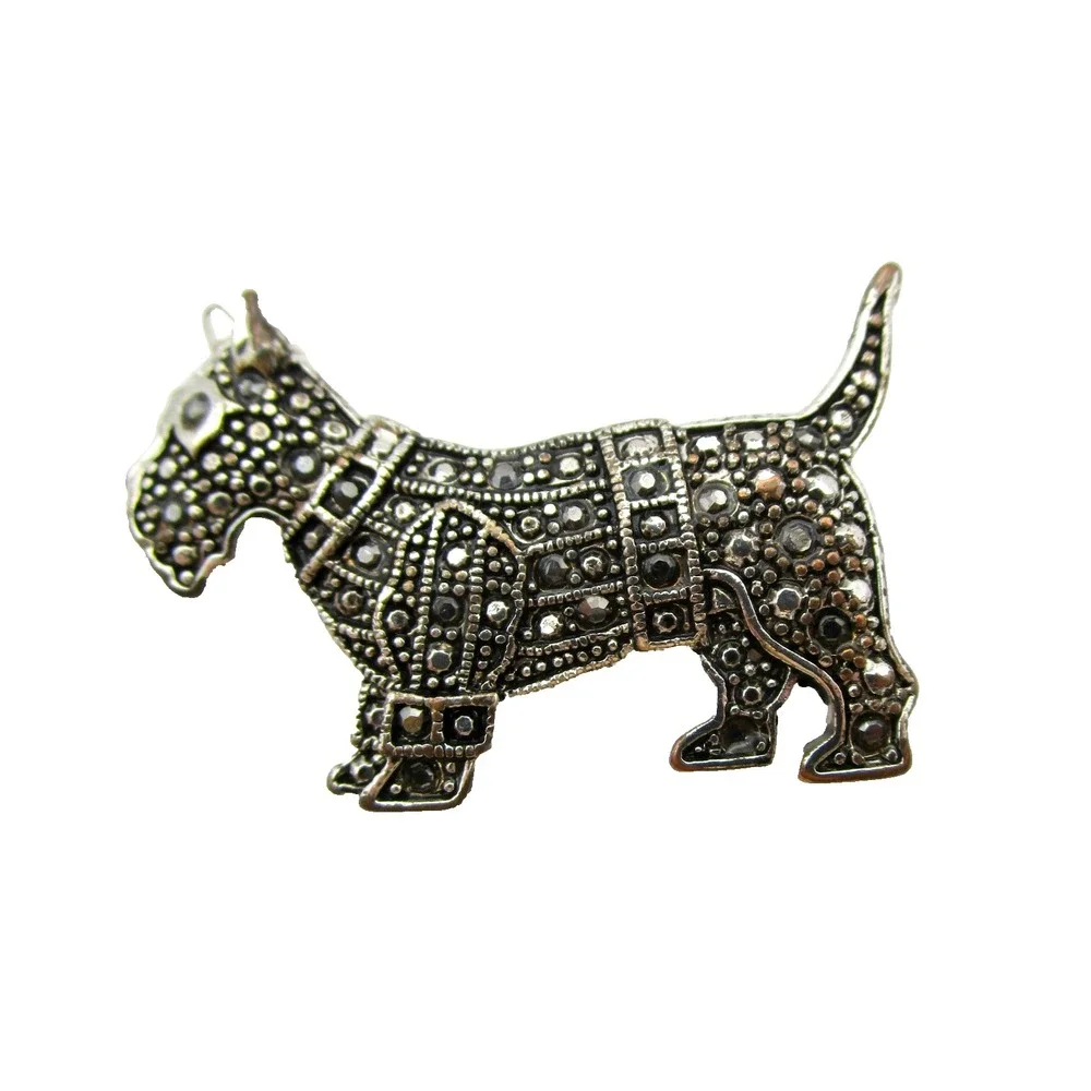 Scottie Dog Puppy Pin Brooch Silver Tone Black Marcasite Stones Pet Vintage Gift